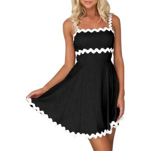 imageIDOPIP Women Summer Boho Mini Dress Smocked Empire Waist Rickrack Trim Flowy Sundress Spaghetti Straps ALine Swing DressBlack