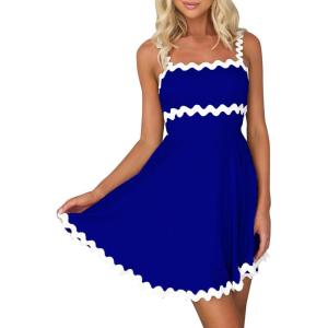 imageIDOPIP Women Summer Boho Mini Dress Smocked Empire Waist Rickrack Trim Flowy Sundress Spaghetti Straps ALine Swing DressBlue