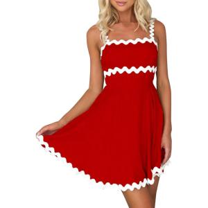 imageIDOPIP Women Summer Boho Mini Dress Smocked Empire Waist Rickrack Trim Flowy Sundress Spaghetti Straps ALine Swing DressRed