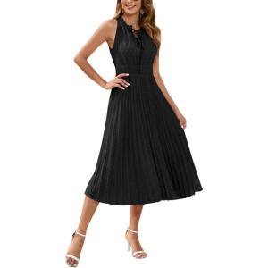 imageIDOPIP Women Summer Casual Pleated Midi Dress 2024 Tie Neck Swiss Dot Swing Dress Formal Shirred Waist Wedding Guest DressBlack