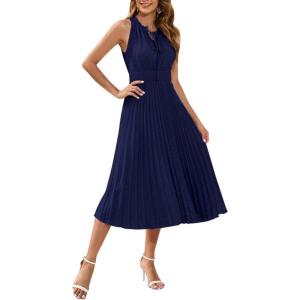 imageIDOPIP Women Summer Casual Pleated Midi Dress 2024 Tie Neck Swiss Dot Swing Dress Formal Shirred Waist Wedding Guest DressBlue