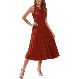 imageIDOPIP Women Summer Casual Pleated Midi Dress 2024 Tie Neck Swiss Dot Swing Dress Formal Shirred Waist Wedding Guest DressBrick Red