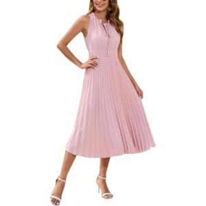 imageIDOPIP Women Summer Casual Pleated Midi Dress 2024 Tie Neck Swiss Dot Swing Dress Formal Shirred Waist Wedding Guest DressPink