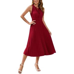 imageIDOPIP Women Summer Casual Pleated Midi Dress 2024 Tie Neck Swiss Dot Swing Dress Formal Shirred Waist Wedding Guest DressRed