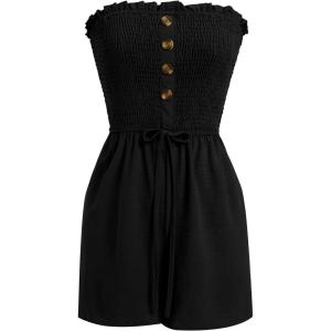 imageIDOPIP Women Summer Strapless Short Romper Offshoulder Smocked Jumpsuit Vacation Beachwear Casual Boho One Piece RomperBlack