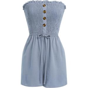 imageIDOPIP Women Summer Strapless Short Romper Offshoulder Smocked Jumpsuit Vacation Beachwear Casual Boho One Piece RomperBlue
