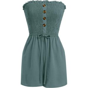 imageIDOPIP Women Summer Strapless Short Romper Offshoulder Smocked Jumpsuit Vacation Beachwear Casual Boho One Piece RomperCyan