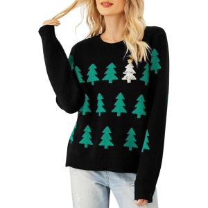 imageIDOPIP Women Ugly Christmas Knitted Sweater Pullover Xmas Top Long Sleeve Winter Ribbed Sweatshirts Christmas Tree SweatersGreen
