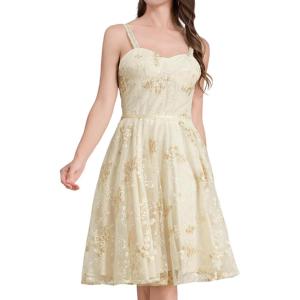 imageIDOPIP Women Vintage Floral Embroidery Mesh Dress 1950s Elegant Cocktail Party Swing Dress Formal ALine Tulle Prom GownApricot