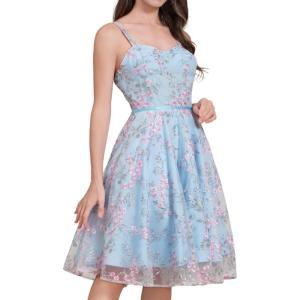imageIDOPIP Women Vintage Floral Embroidery Mesh Dress 1950s Elegant Cocktail Party Swing Dress Formal ALine Tulle Prom GownBlue