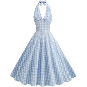 imageIDOPIP Womens 1950s Vintage Plaid Dress Retro Cocktail Swing Dress Prom Party Midi Dress Wedding Guest Outfit Gingham GownBlue