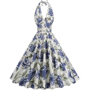 imageIDOPIP Womens 1950s Vintage Plaid Dress Retro Cocktail Swing Dress Prom Party Midi Dress Wedding Guest Outfit Gingham GownFloral