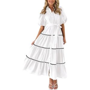 imageIDOPIP Womens Elegant Summer Puff Sleeve Tiered Dress 2024 Casual Button Down Shirt Dress Beach Ruffle Flowy Boho Maxi DressWhite