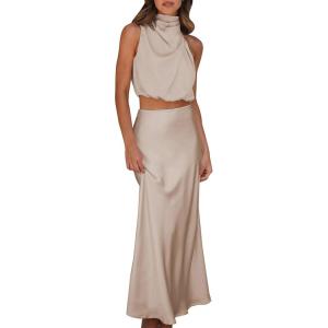 imageIDOPIP Womens Satin Top Long Skirt Dress Sets 2PCS Formal Cocktail Party Outfit Elegant Evening Prom Wedding Bridesmaid GownApricot