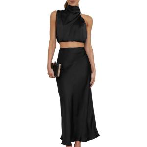 imageIDOPIP Womens Satin Top Long Skirt Dress Sets 2PCS Formal Cocktail Party Outfit Elegant Evening Prom Wedding Bridesmaid GownBlack