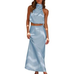 imageIDOPIP Womens Satin Top Long Skirt Dress Sets 2PCS Formal Cocktail Party Outfit Elegant Evening Prom Wedding Bridesmaid GownBlue