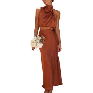 imageIDOPIP Womens Satin Top Long Skirt Dress Sets 2PCS Formal Cocktail Party Outfit Elegant Evening Prom Wedding Bridesmaid GownCoffee