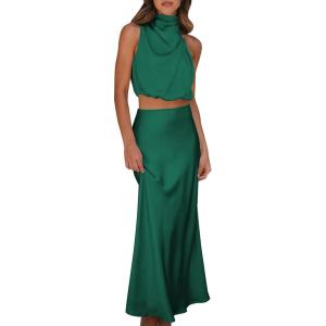 imageIDOPIP Womens Satin Top Long Skirt Dress Sets 2PCS Formal Cocktail Party Outfit Elegant Evening Prom Wedding Bridesmaid GownGreen
