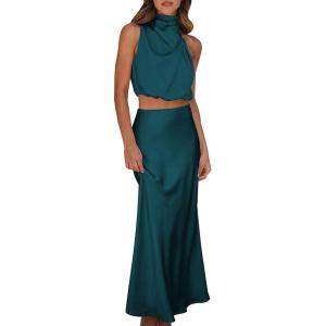 imageIDOPIP Womens Satin Top Long Skirt Dress Sets 2PCS Formal Cocktail Party Outfit Elegant Evening Prom Wedding Bridesmaid GownPeacock Blue