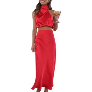 imageIDOPIP Womens Satin Top Long Skirt Dress Sets 2PCS Formal Cocktail Party Outfit Elegant Evening Prom Wedding Bridesmaid GownRed