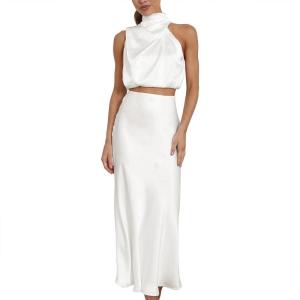 imageIDOPIP Womens Satin Top Long Skirt Dress Sets 2PCS Formal Cocktail Party Outfit Elegant Evening Prom Wedding Bridesmaid GownWhite