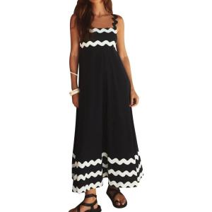 imageIDOPIP Womens Summer Casual Dress Beach Floral Maxi Dress Elegant Spaghetti Sleeveless Smocked Sundress Weeding Guest DressBlack