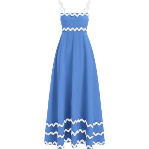 imageIDOPIP Womens Summer Casual Dress Beach Floral Maxi Dress Elegant Spaghetti Sleeveless Smocked Sundress Weeding Guest DressBlue