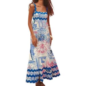 imageIDOPIP Womens Summer Casual Dress Beach Floral Maxi Dress Elegant Spaghetti Sleeveless Smocked Sundress Weeding Guest DressFireworks Print