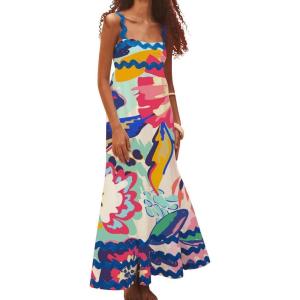 imageIDOPIP Womens Summer Casual Dress Beach Floral Maxi Dress Elegant Spaghetti Sleeveless Smocked Sundress Weeding Guest DressRed Floral Print