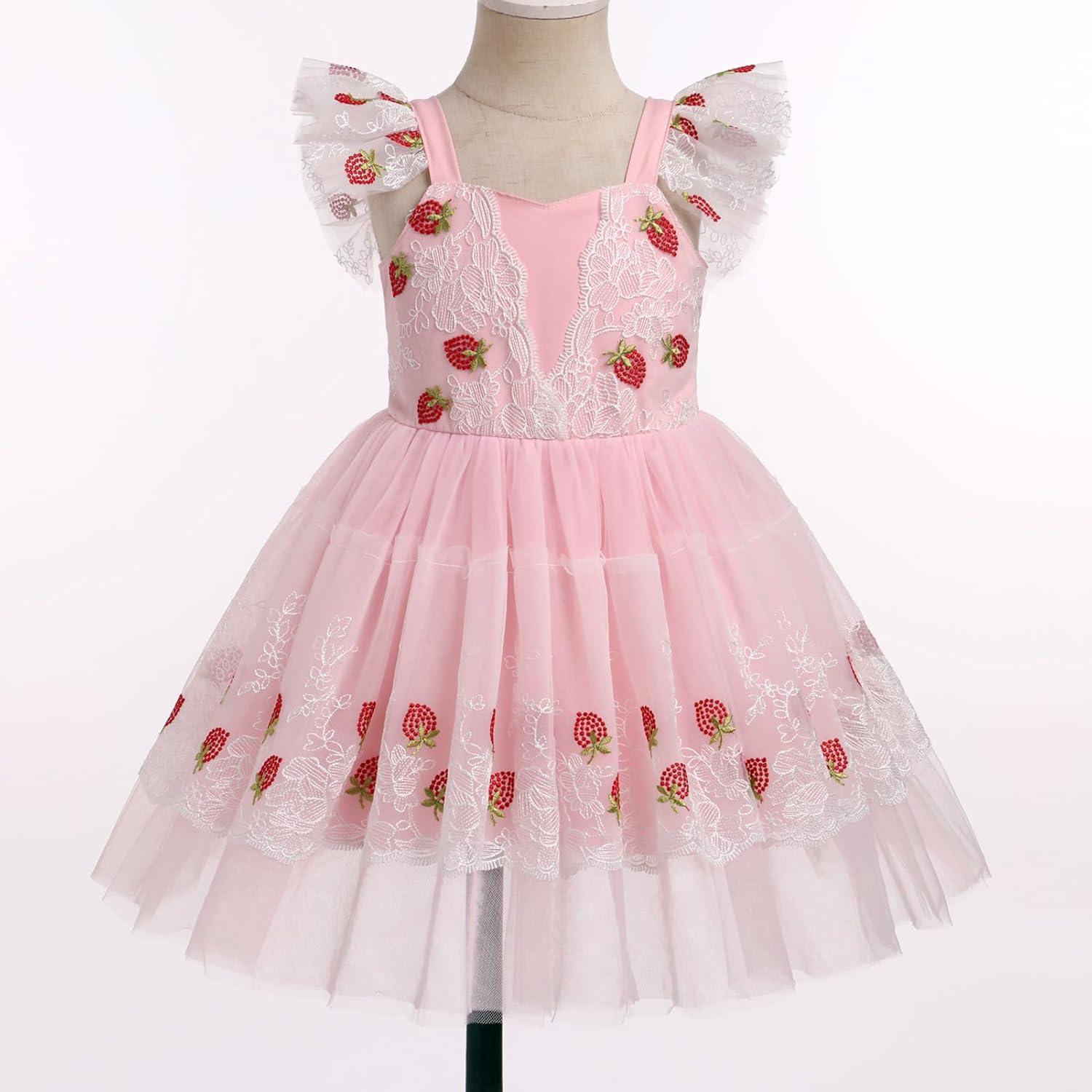imageIDOPIP Baby Girls Tutu Dress Embroidery Strawberry Birthday Party Dresses Smocked Ruffle Backless Princess Pageant Tulle GownPink