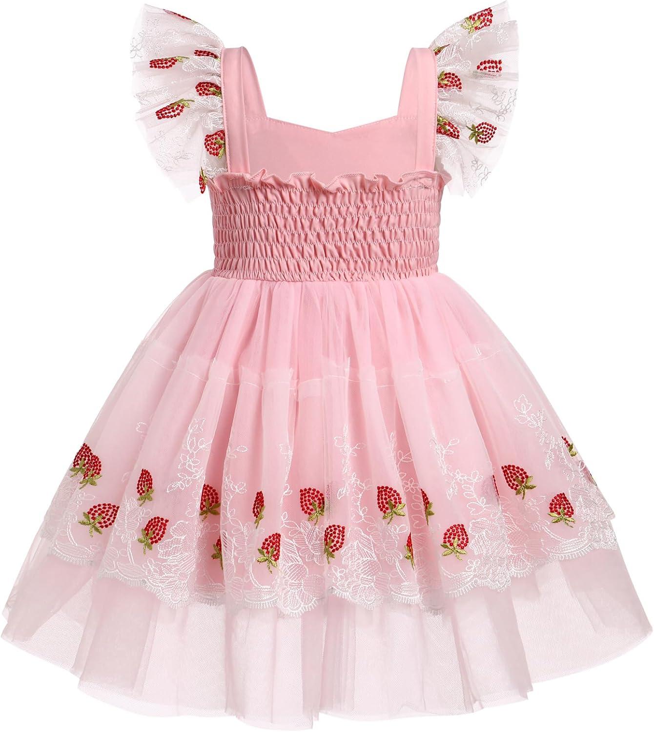 imageIDOPIP Baby Girls Tutu Dress Embroidery Strawberry Birthday Party Dresses Smocked Ruffle Backless Princess Pageant Tulle GownPink