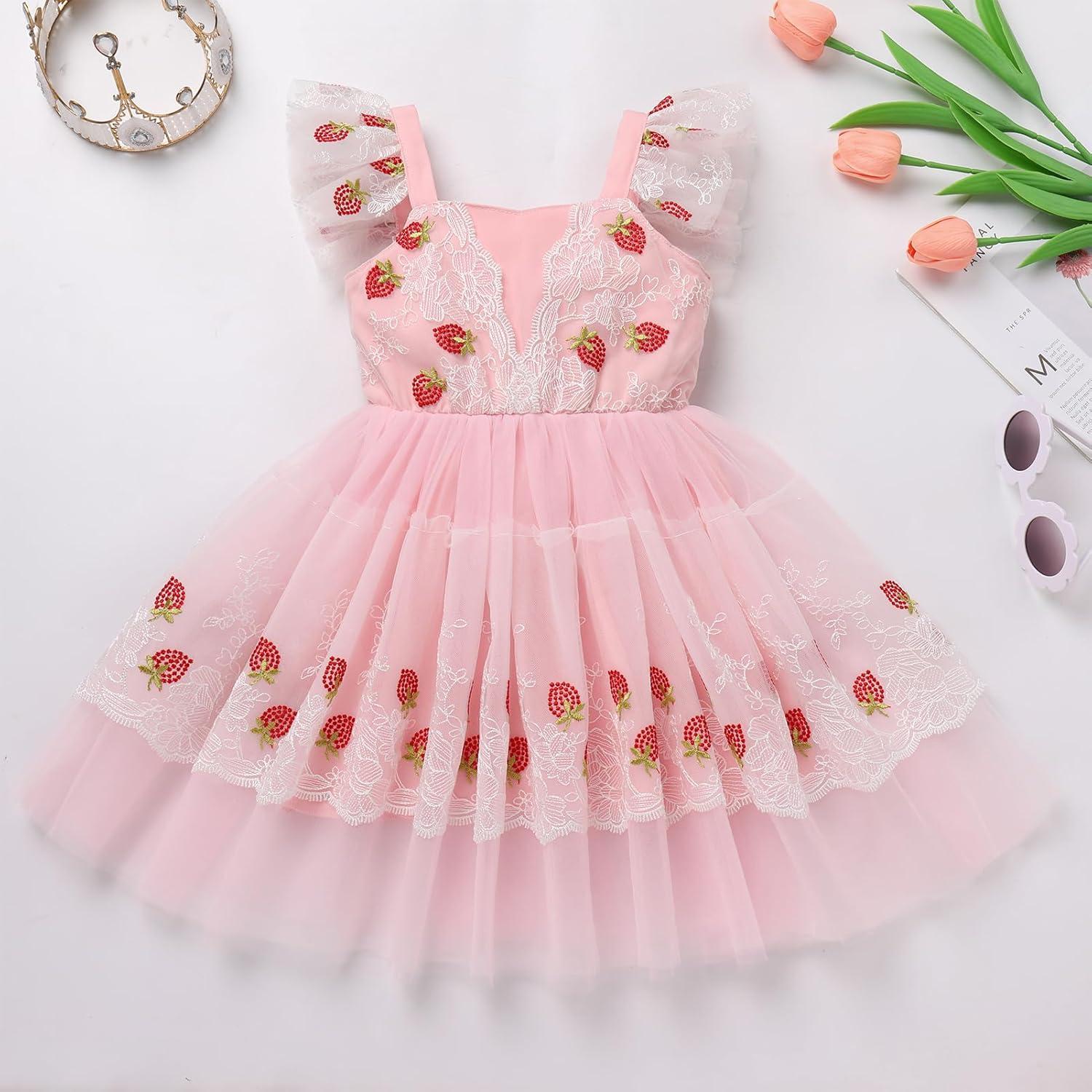 imageIDOPIP Baby Girls Tutu Dress Embroidery Strawberry Birthday Party Dresses Smocked Ruffle Backless Princess Pageant Tulle GownPink