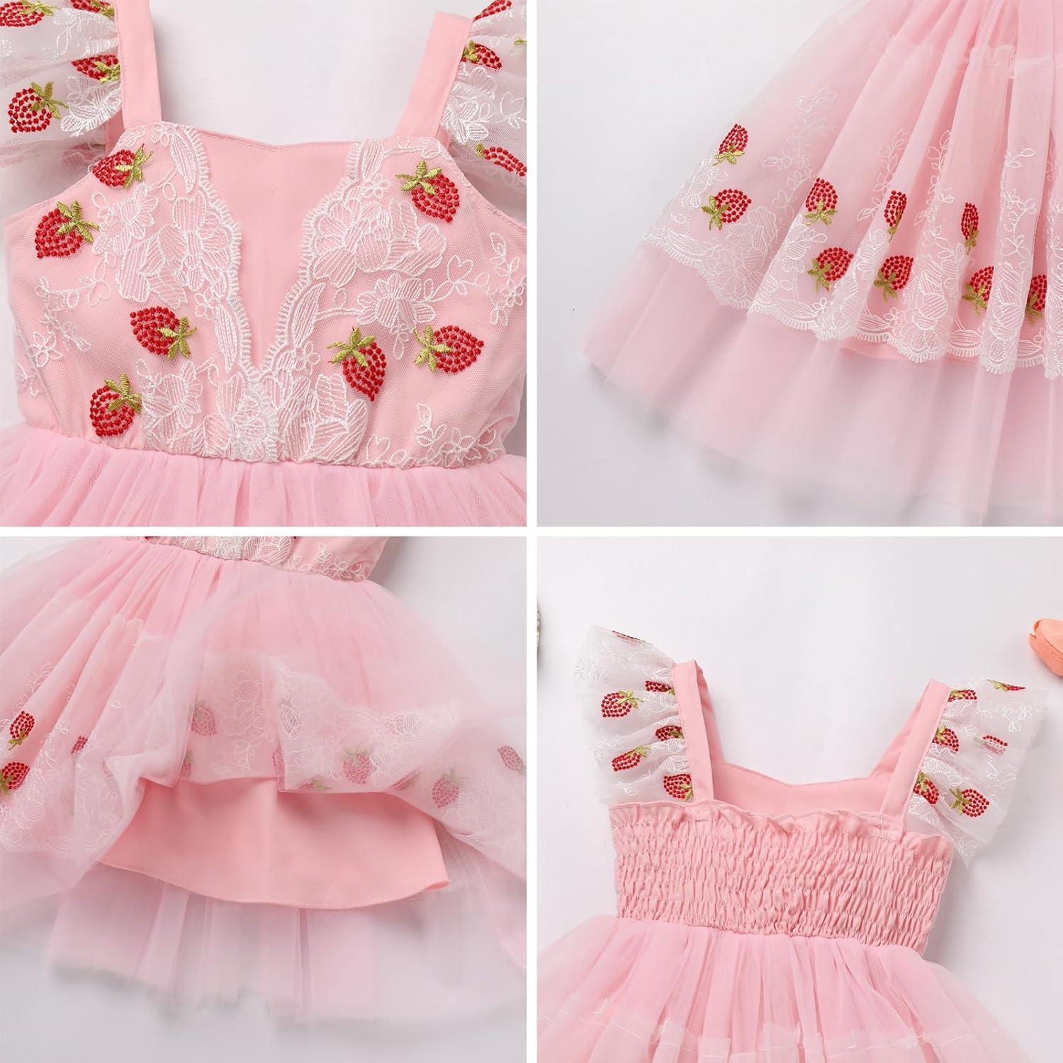 imageIDOPIP Baby Girls Tutu Dress Embroidery Strawberry Birthday Party Dresses Smocked Ruffle Backless Princess Pageant Tulle GownPink