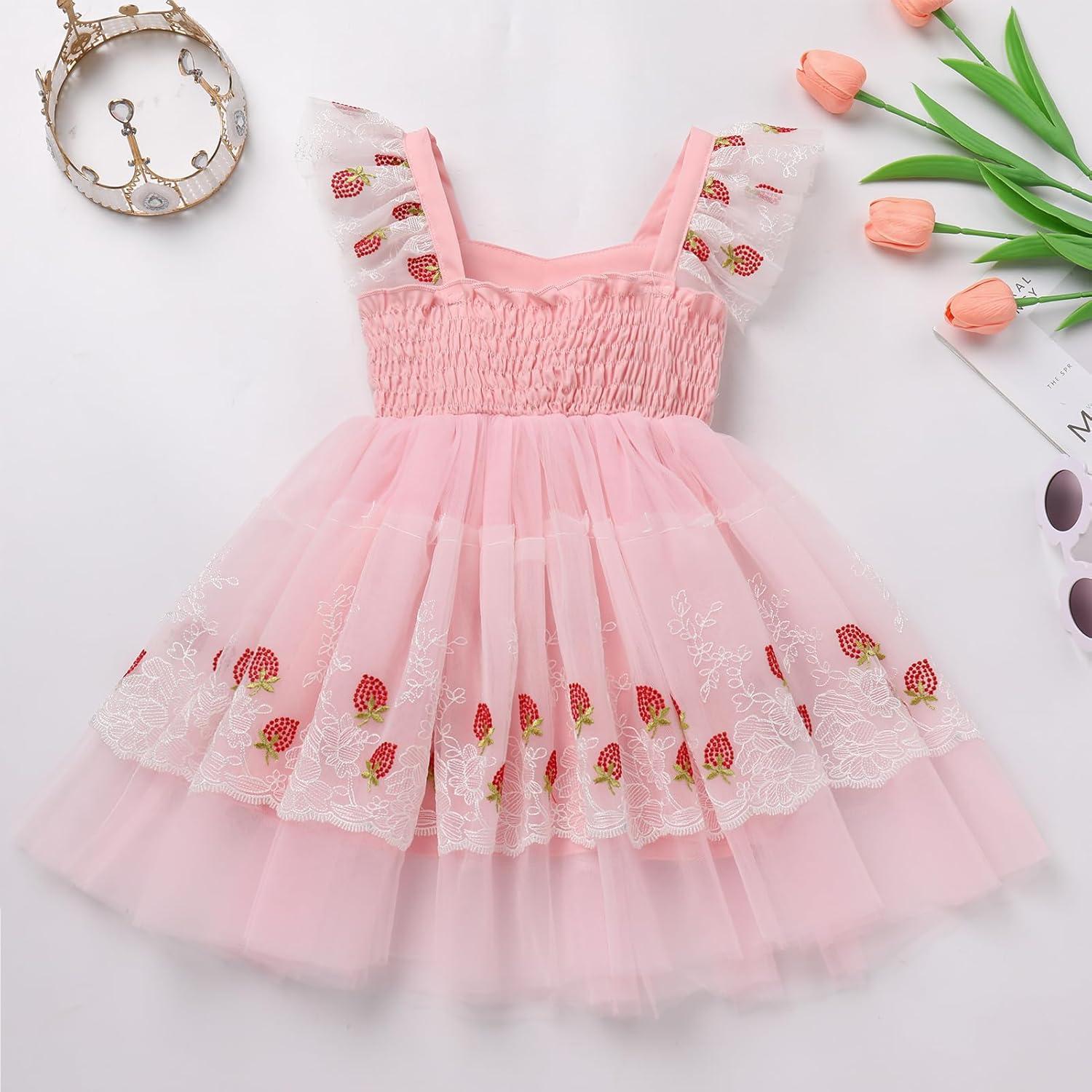imageIDOPIP Baby Girls Tutu Dress Embroidery Strawberry Birthday Party Dresses Smocked Ruffle Backless Princess Pageant Tulle GownPink