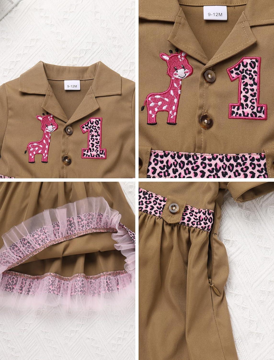 imageIDOPIP Baby Girls Wild Jungle Safari 1st Birthday Outfit Toddler Leopard Giraffe Tutu Dress with Hat Clothes for Photo ShootBrown