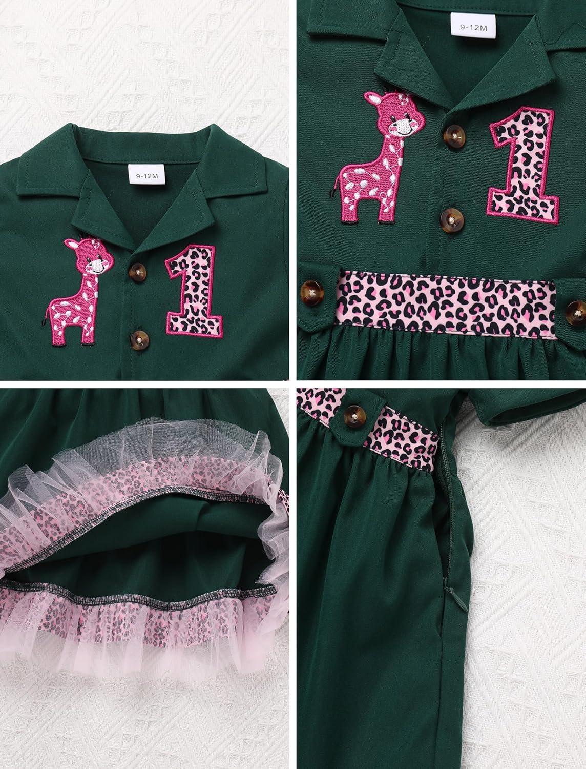 imageIDOPIP Baby Girls Wild Jungle Safari 1st Birthday Outfit Toddler Leopard Giraffe Tutu Dress with Hat Clothes for Photo ShootGreen