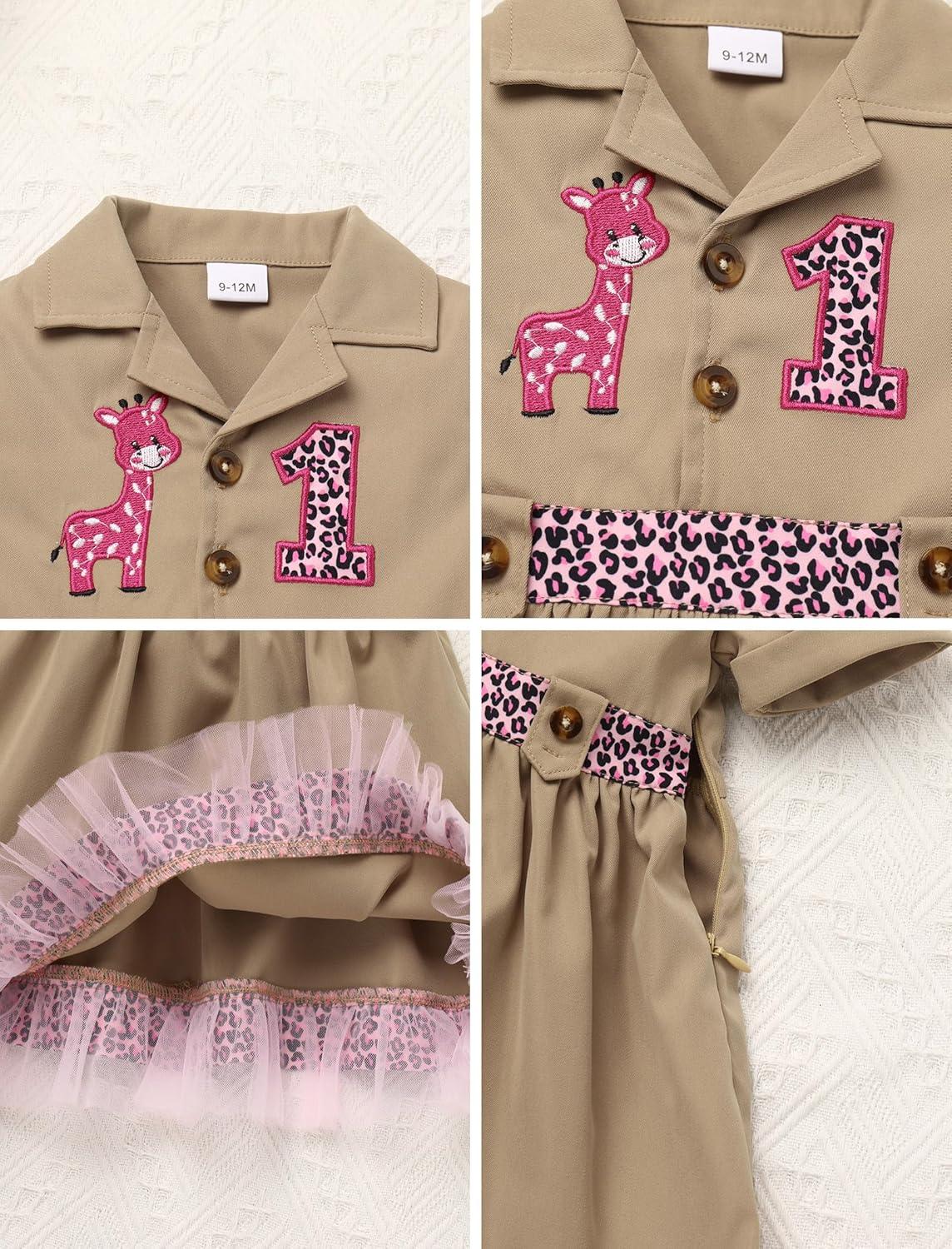 imageIDOPIP Baby Girls Wild Jungle Safari 1st Birthday Outfit Toddler Leopard Giraffe Tutu Dress with Hat Clothes for Photo ShootKhaki