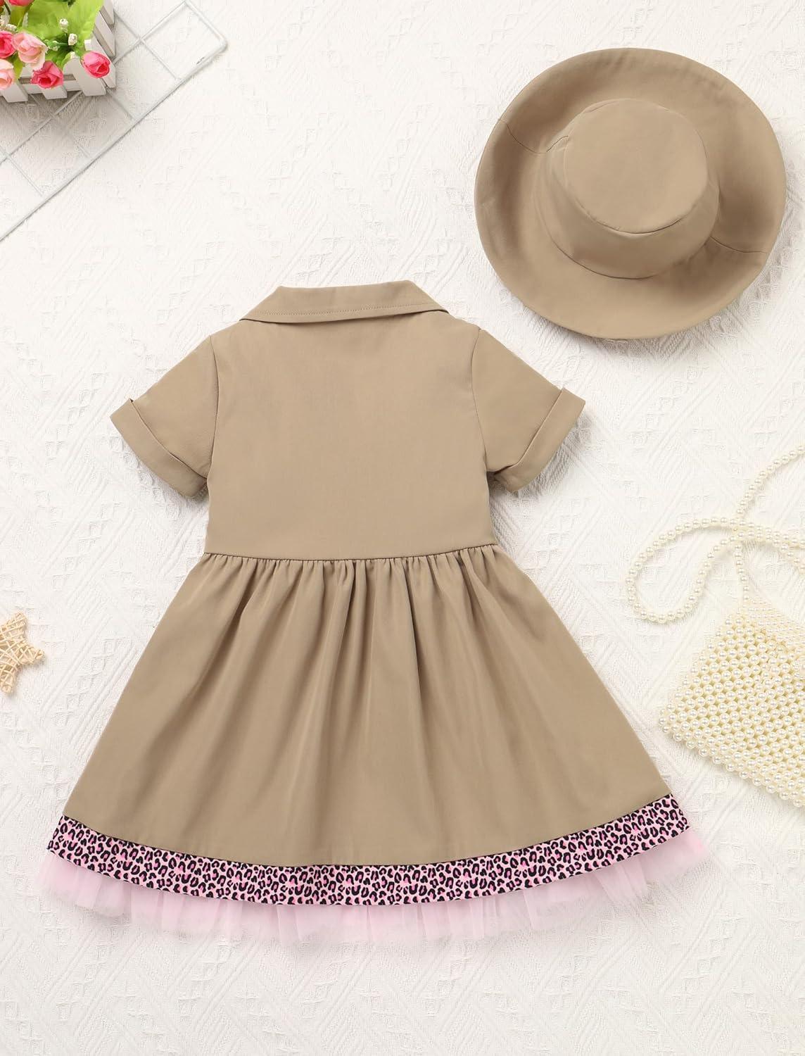 imageIDOPIP Baby Girls Wild Jungle Safari 1st Birthday Outfit Toddler Leopard Giraffe Tutu Dress with Hat Clothes for Photo ShootKhaki