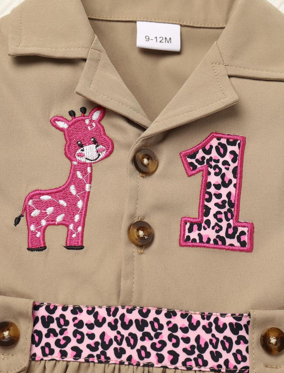 imageIDOPIP Baby Girls Wild Jungle Safari 1st Birthday Outfit Toddler Leopard Giraffe Tutu Dress with Hat Clothes for Photo ShootKhaki