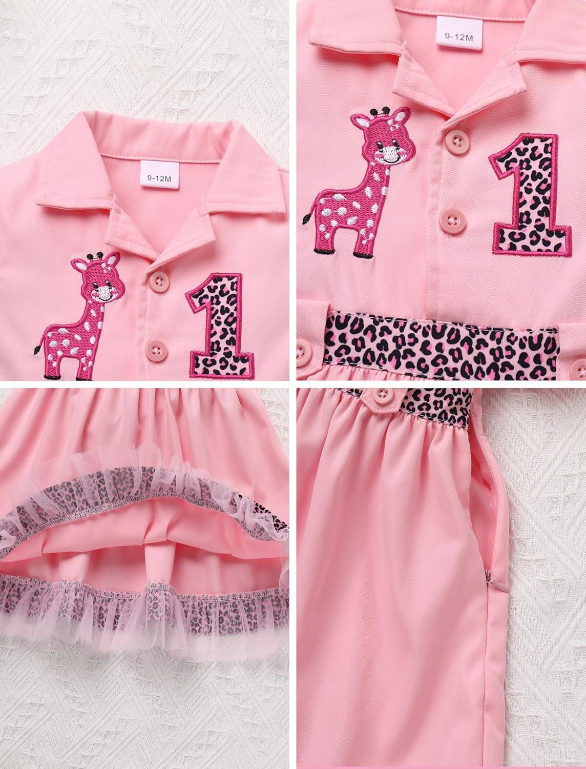 imageIDOPIP Baby Girls Wild Jungle Safari 1st Birthday Outfit Toddler Leopard Giraffe Tutu Dress with Hat Clothes for Photo ShootPink