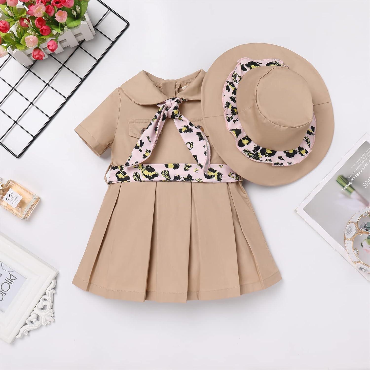 imageIDOPIP Baby Girls Wild Jungle Safari Outfits One Birthday Party Pleated DressHat Toddler Leopard Zookeeper Photo Shoot DressKhaki