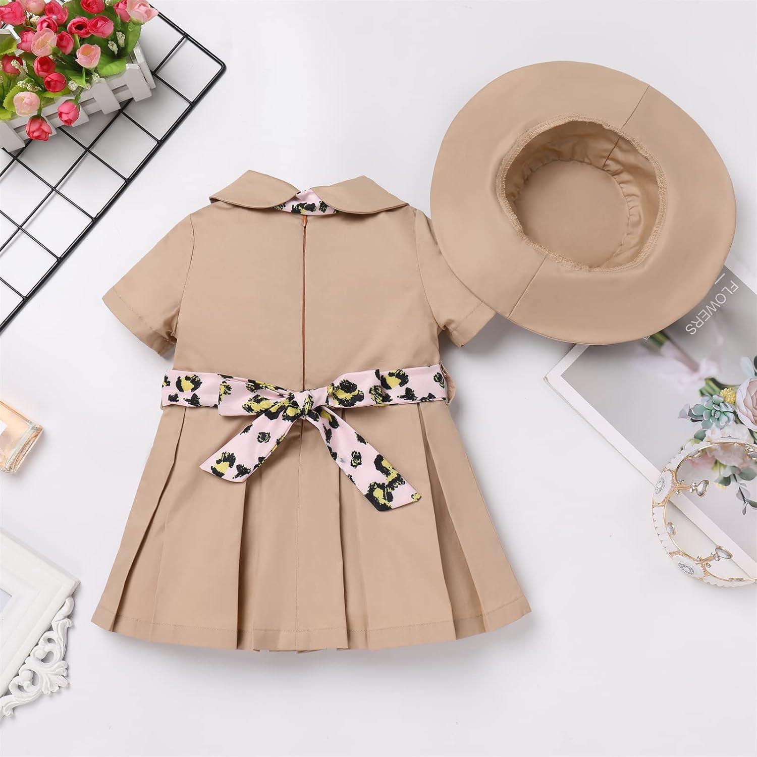 imageIDOPIP Baby Girls Wild Jungle Safari Outfits One Birthday Party Pleated DressHat Toddler Leopard Zookeeper Photo Shoot DressKhaki