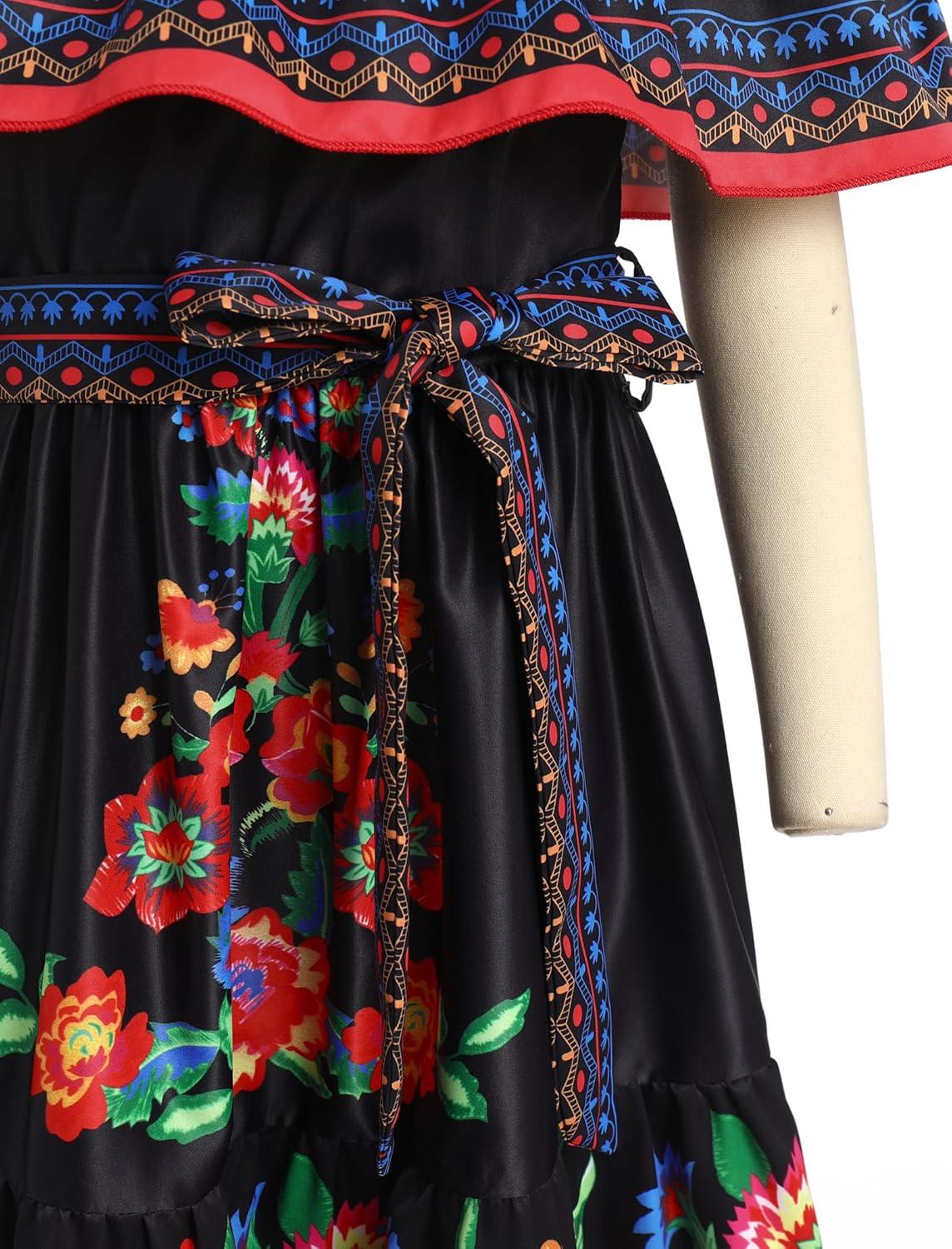 imageIDOPIP Mexican Dress for Girls Embroidered Traditional Floral Ruffle Off Shoulder Belted Dresses for Cinco de Mayo FiestaBlack