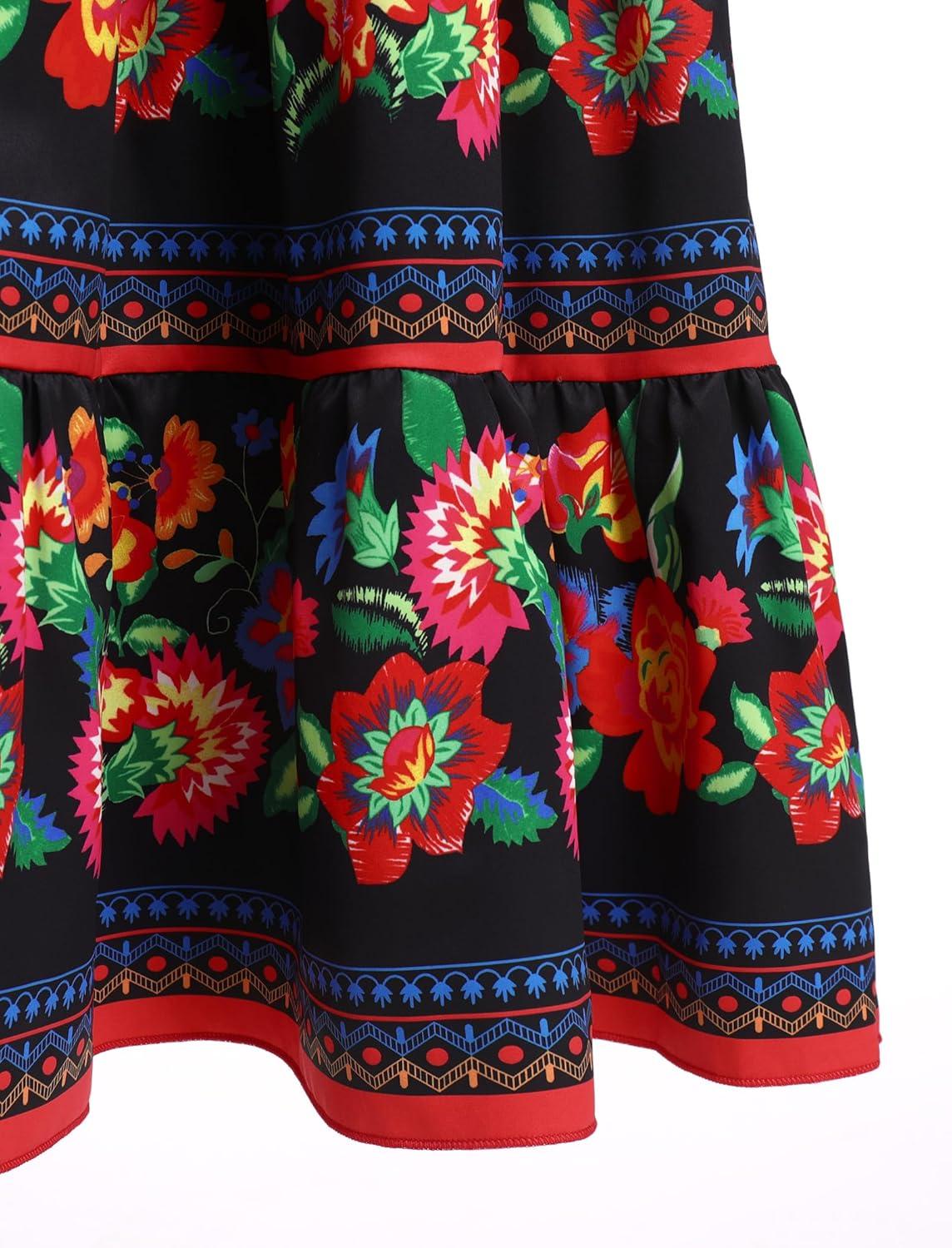 imageIDOPIP Mexican Dress for Girls Embroidered Traditional Floral Ruffle Off Shoulder Belted Dresses for Cinco de Mayo FiestaBlack
