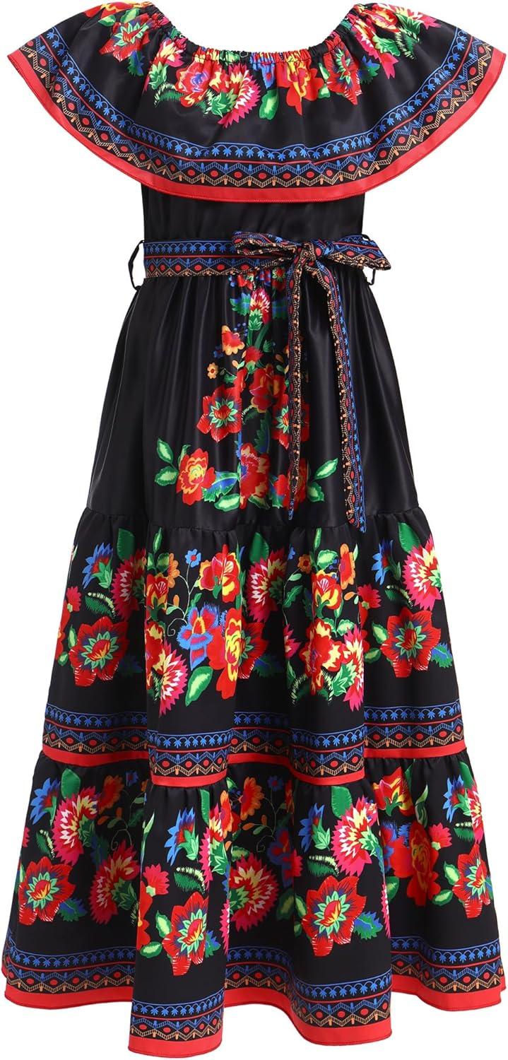 imageIDOPIP Mexican Dress for Girls Embroidered Traditional Floral Ruffle Off Shoulder Belted Dresses for Cinco de Mayo FiestaBlack