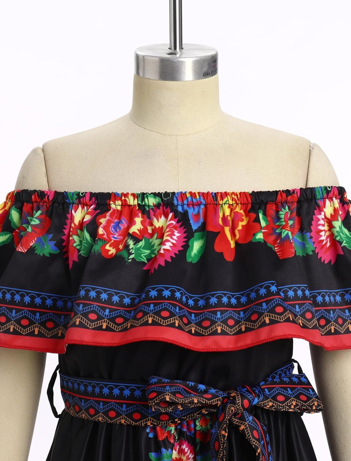imageIDOPIP Mexican Dress for Girls Embroidered Traditional Floral Ruffle Off Shoulder Belted Dresses for Cinco de Mayo FiestaBlack