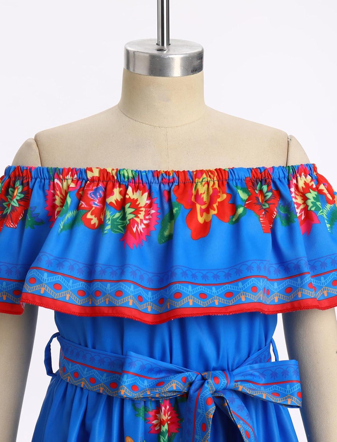 imageIDOPIP Mexican Dress for Girls Embroidered Traditional Floral Ruffle Off Shoulder Belted Dresses for Cinco de Mayo FiestaBlue