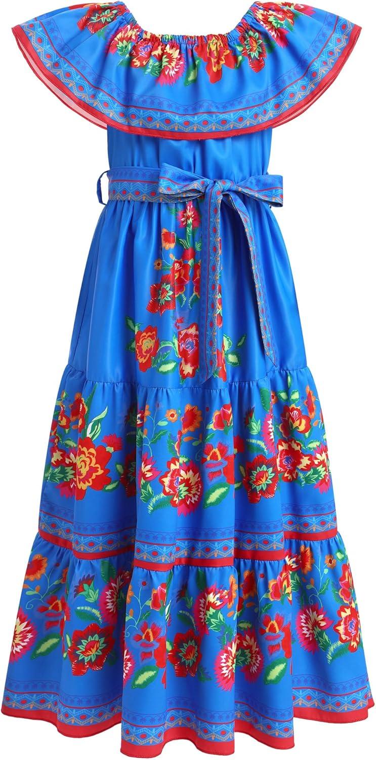imageIDOPIP Mexican Dress for Girls Embroidered Traditional Floral Ruffle Off Shoulder Belted Dresses for Cinco de Mayo FiestaBlue