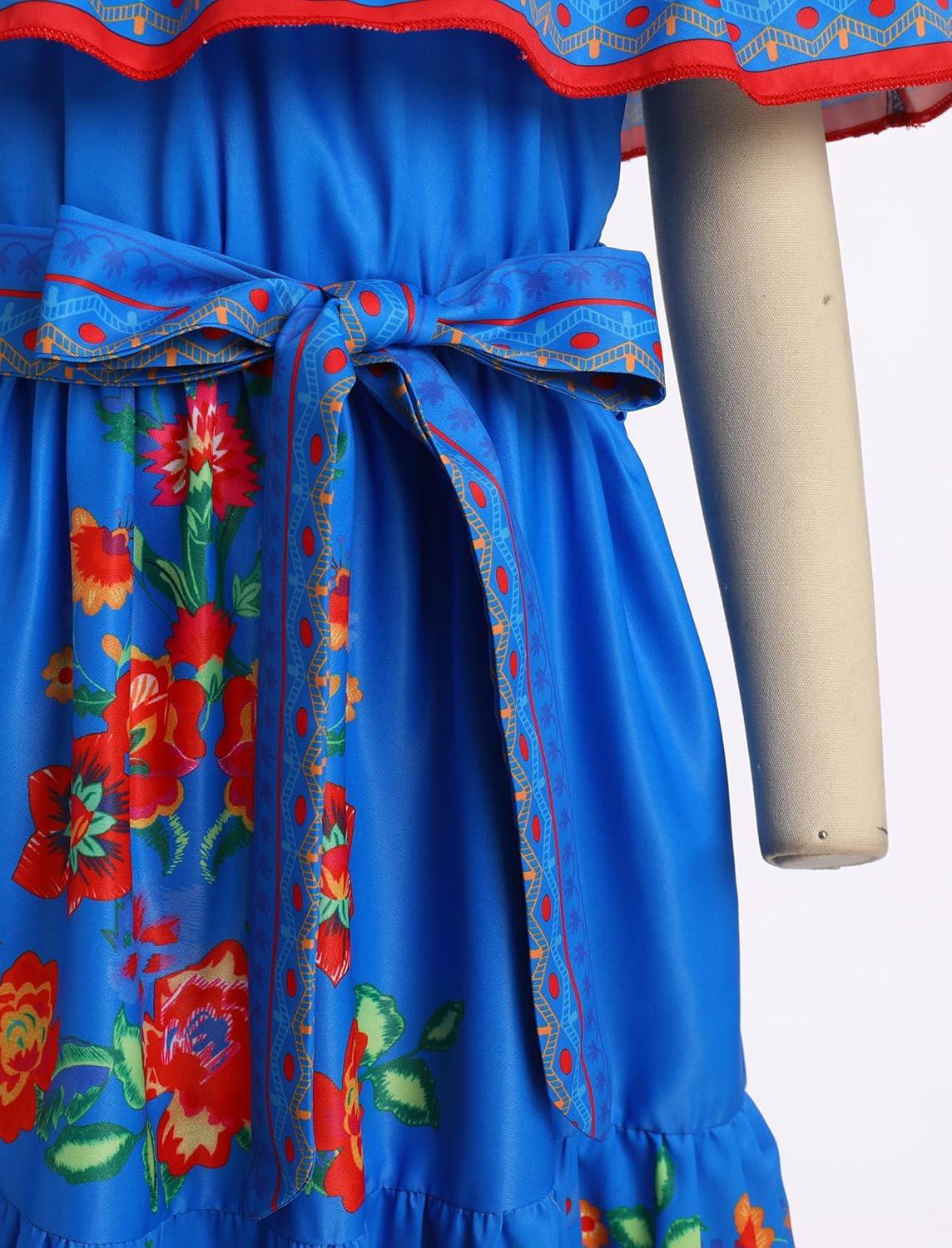 imageIDOPIP Mexican Dress for Girls Embroidered Traditional Floral Ruffle Off Shoulder Belted Dresses for Cinco de Mayo FiestaBlue