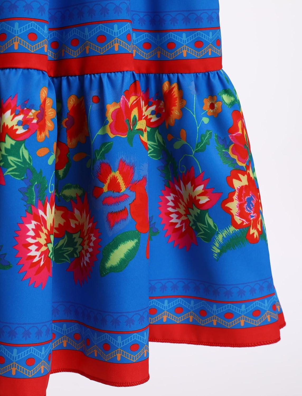 imageIDOPIP Mexican Dress for Girls Embroidered Traditional Floral Ruffle Off Shoulder Belted Dresses for Cinco de Mayo FiestaBlue